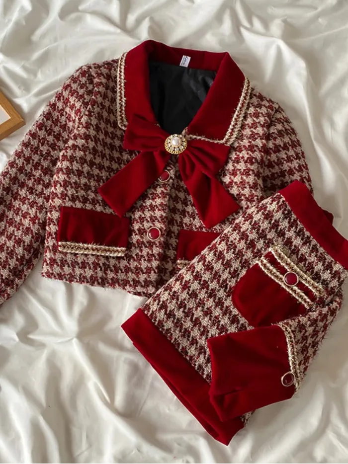 Tweed Plaid Skirt Sets