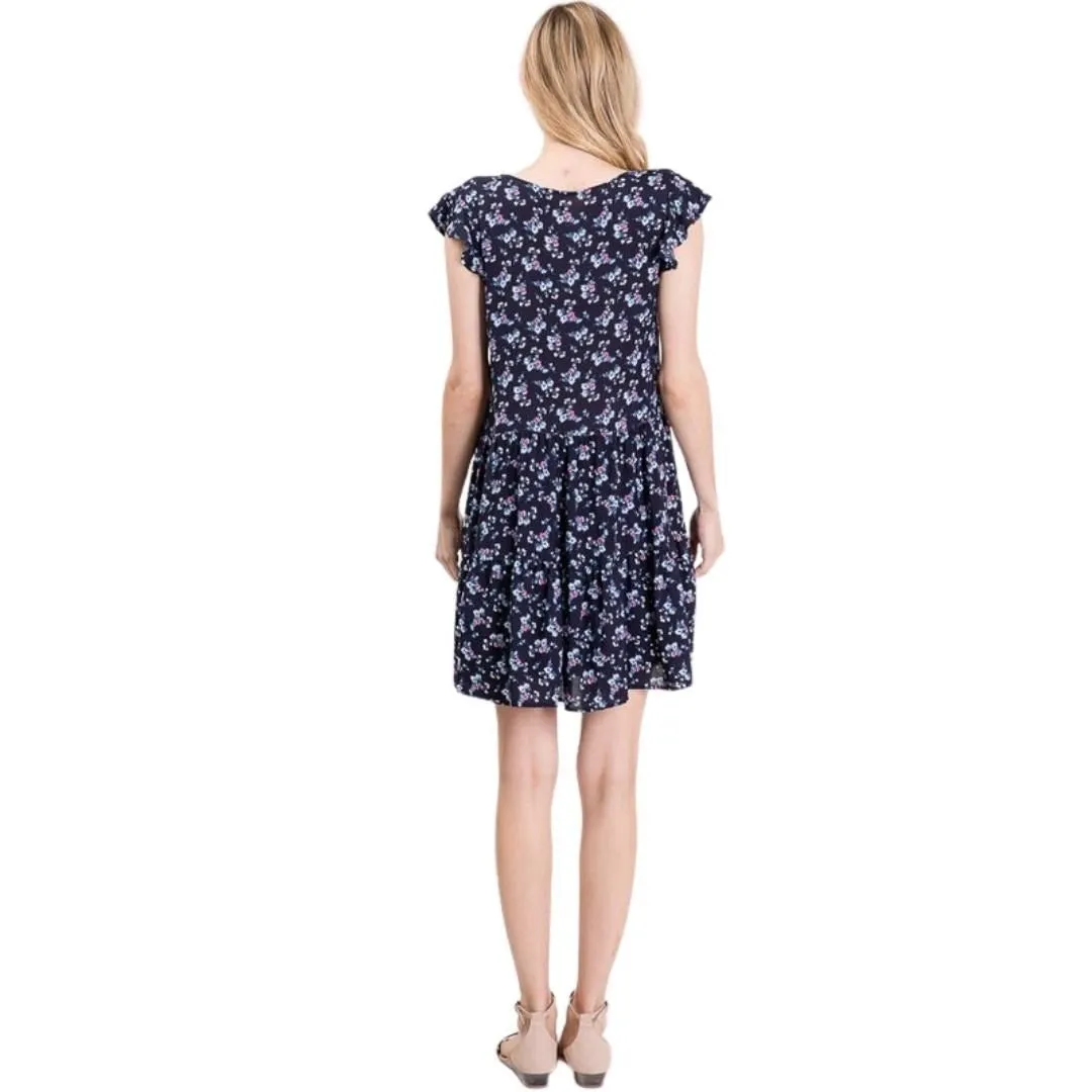 Twenty Ten Navy Blue Floral-Print Woven Mini Dress with Flutter Sleeves TDR-549CP