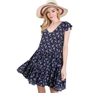 Twenty Ten Navy Blue Floral-Print Woven Mini Dress with Flutter Sleeves TDR-549CP