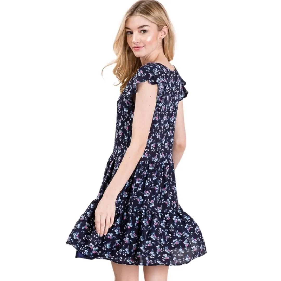 Twenty Ten Navy Blue Floral-Print Woven Mini Dress with Flutter Sleeves TDR-549CP