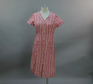 Vintage 30s cotton striped house dress frock red white button up day dress
