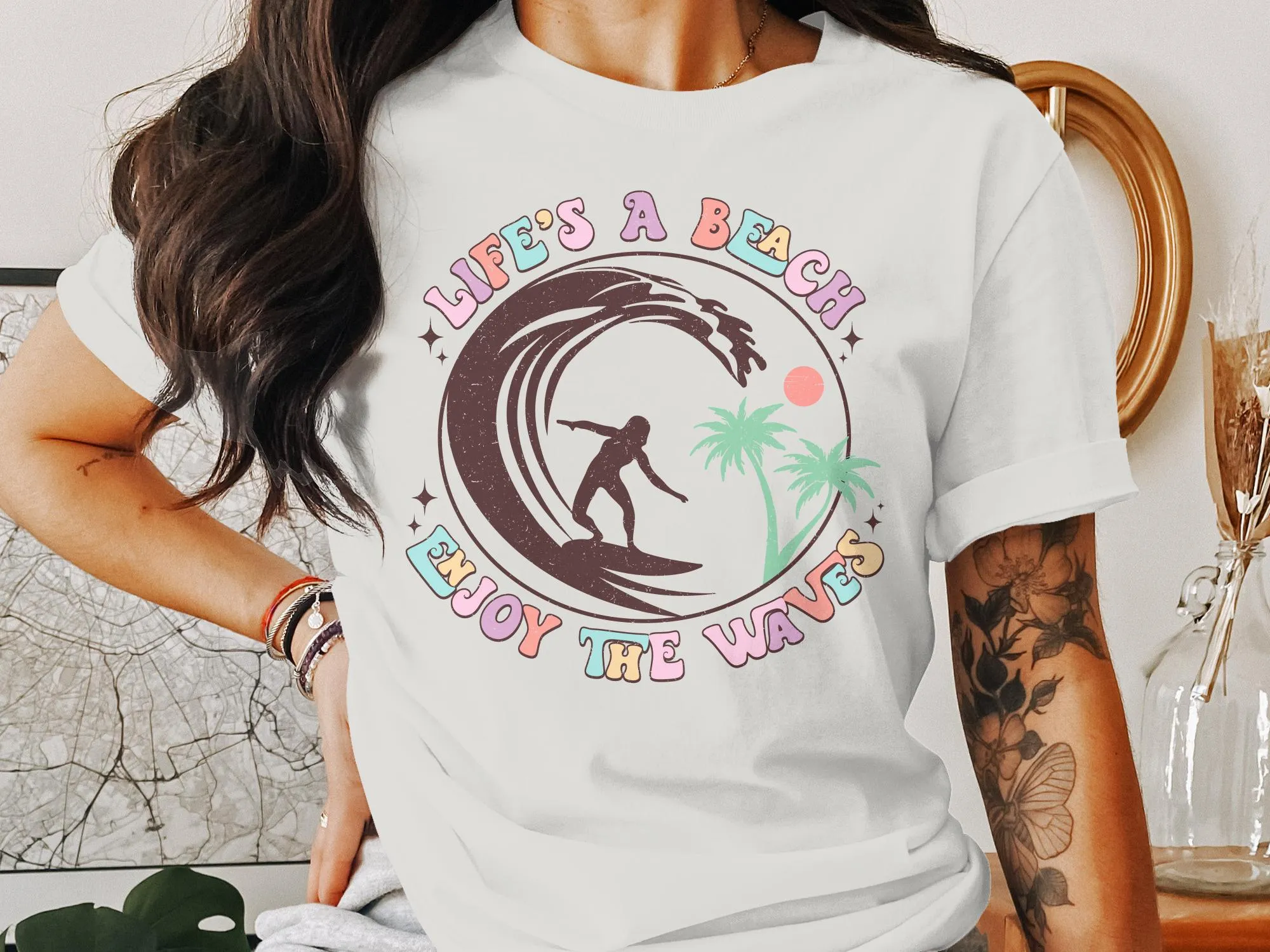 Vintage Surfing T-Shirt, Life's A Beach Enjoy the Waves Graphic Tee, Tropical Surf Shirt, Summer Beachwear, Retro Surfer Top