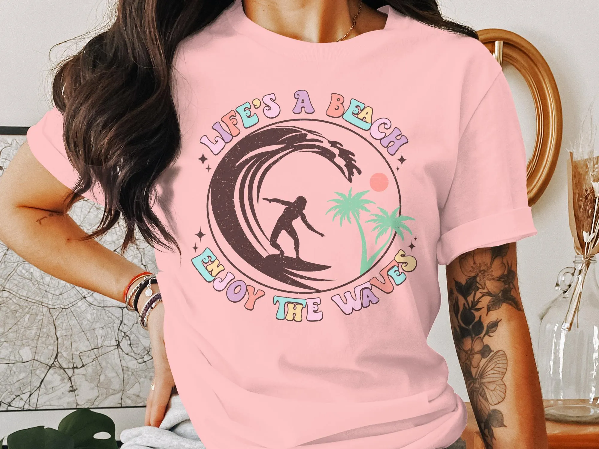 Vintage Surfing T-Shirt, Life's A Beach Enjoy the Waves Graphic Tee, Tropical Surf Shirt, Summer Beachwear, Retro Surfer Top
