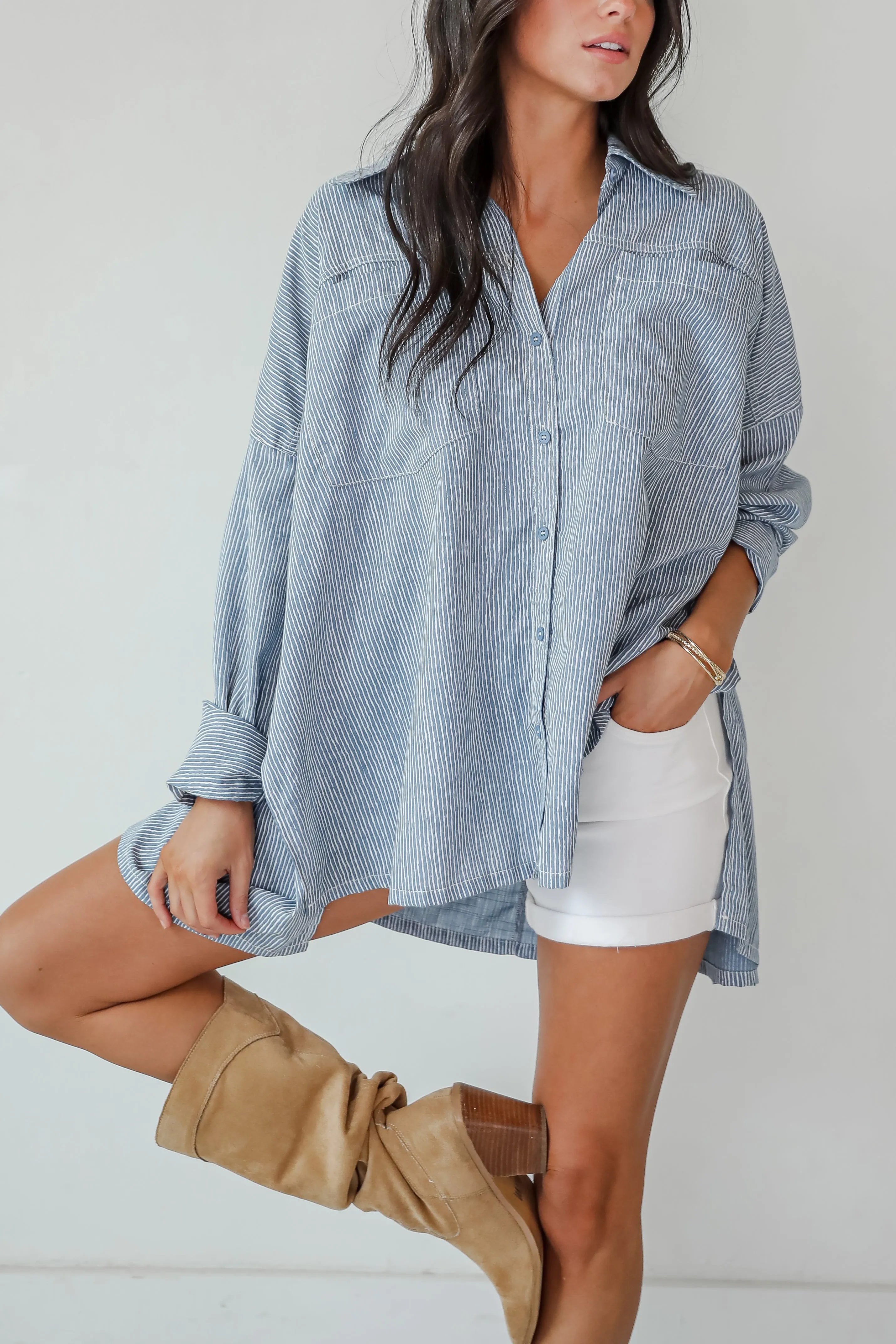 Wave Maker Blue Striped Button-Up Blouse