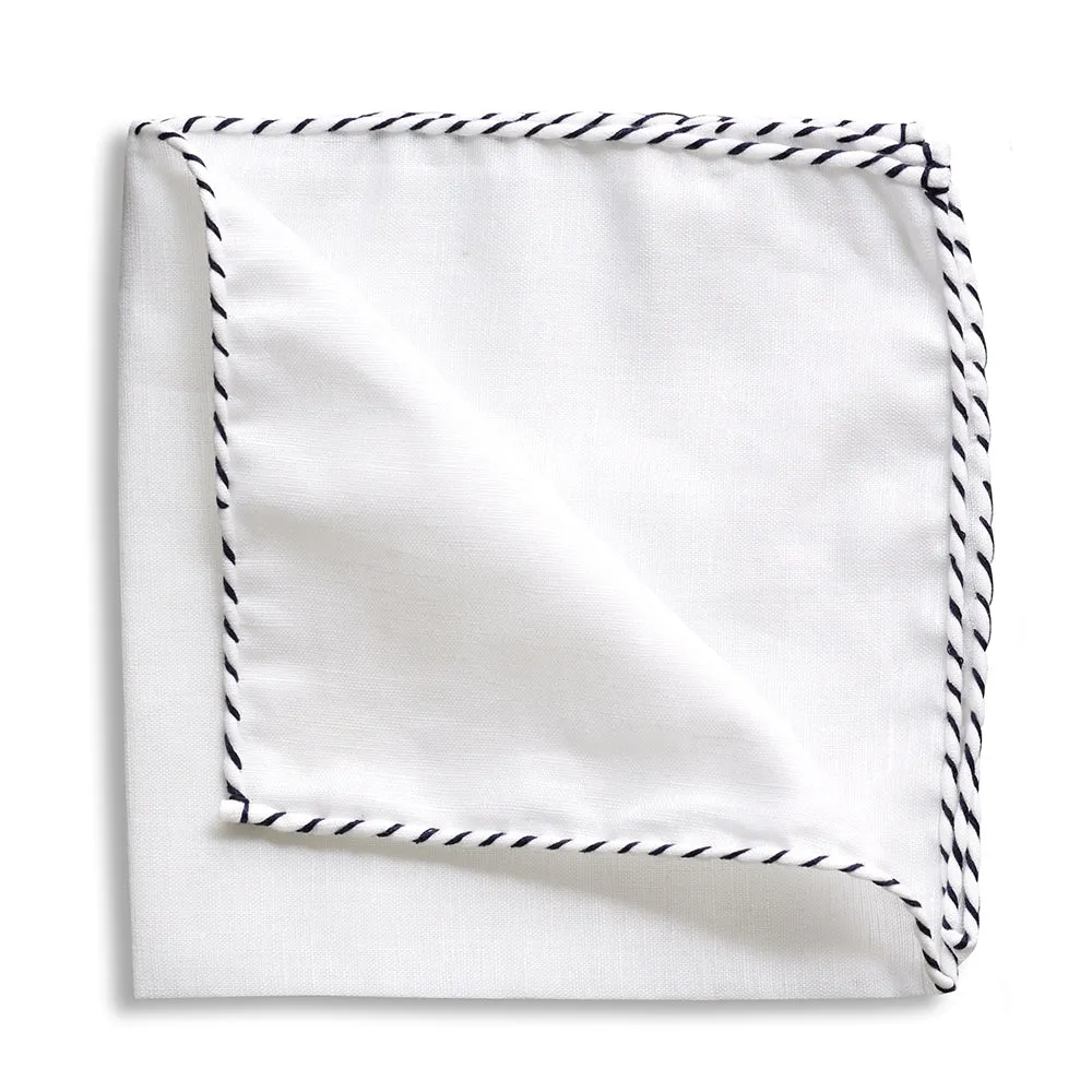 White Linen Navy Whipstitch Pocket Square