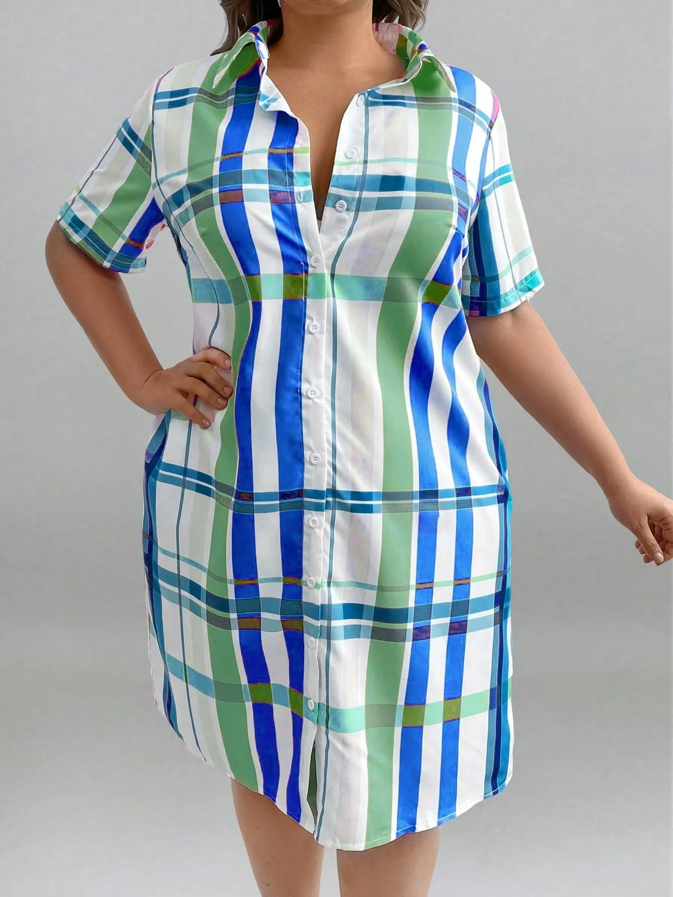 Women's Plus Size Short Sleeve Plaid Shirt Dress