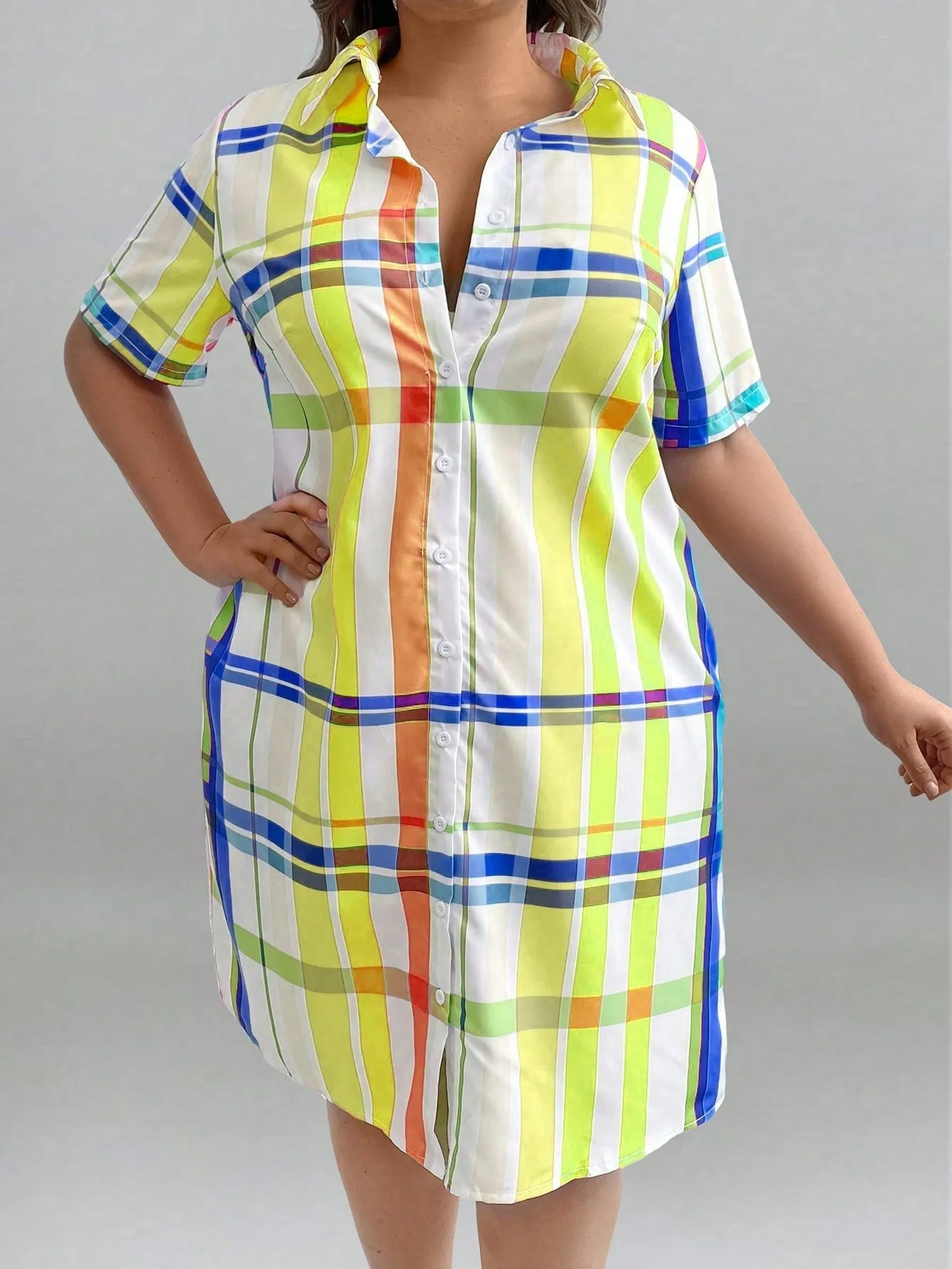 Women's Plus Size Short Sleeve Plaid Shirt Dress