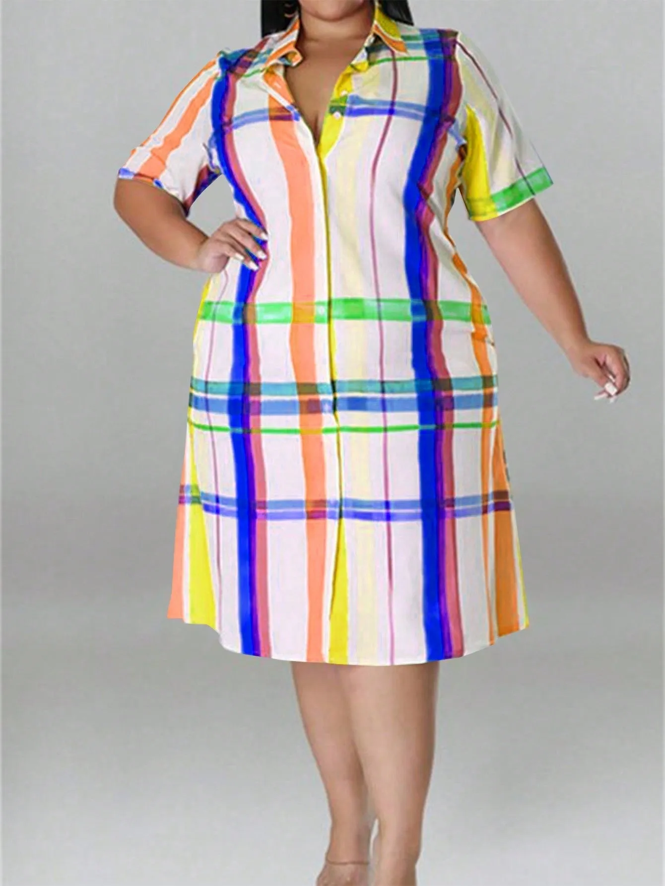 Women's Plus Size Short Sleeve Plaid Shirt Dress
