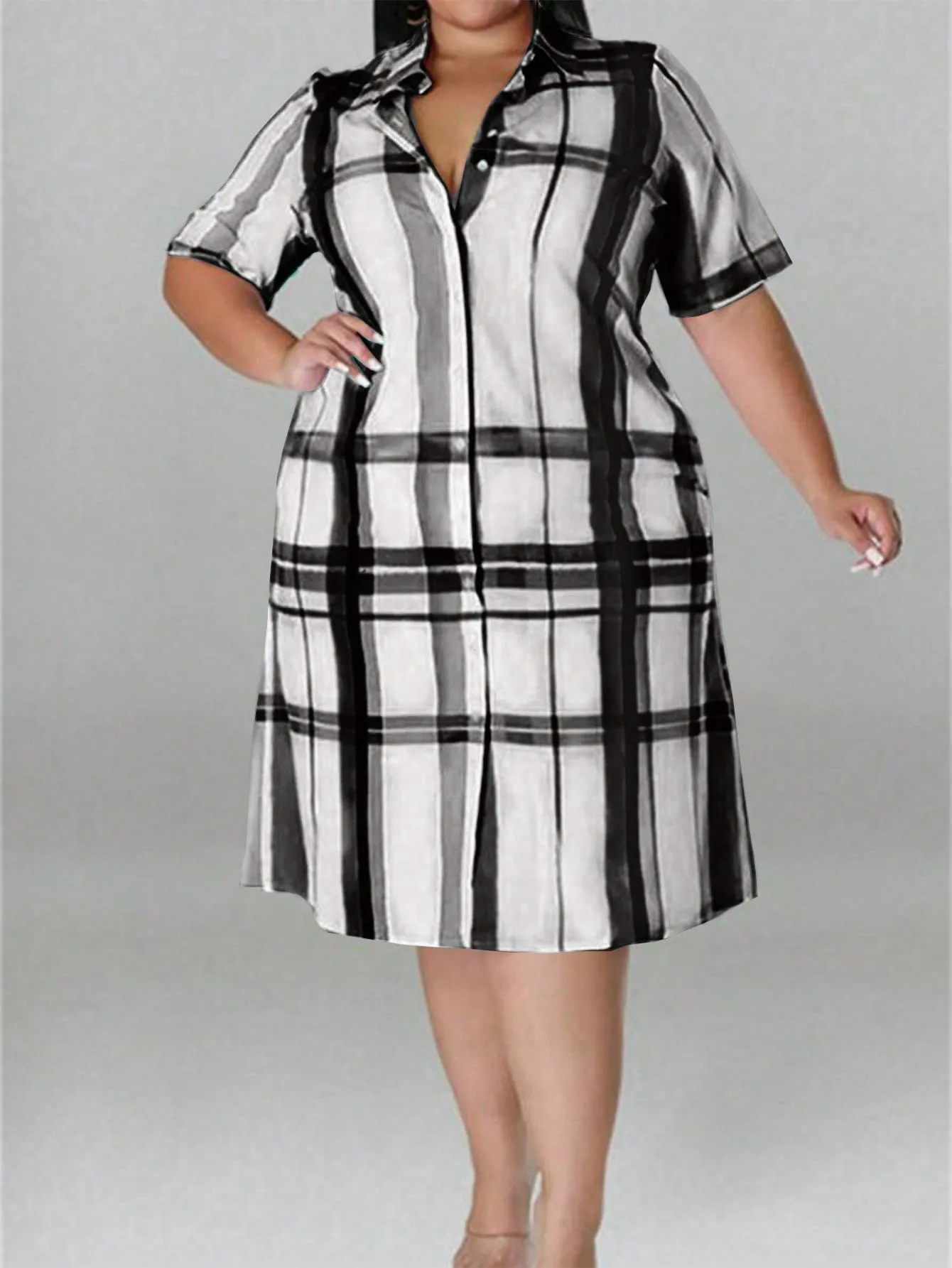 Women's Plus Size Short Sleeve Plaid Shirt Dress