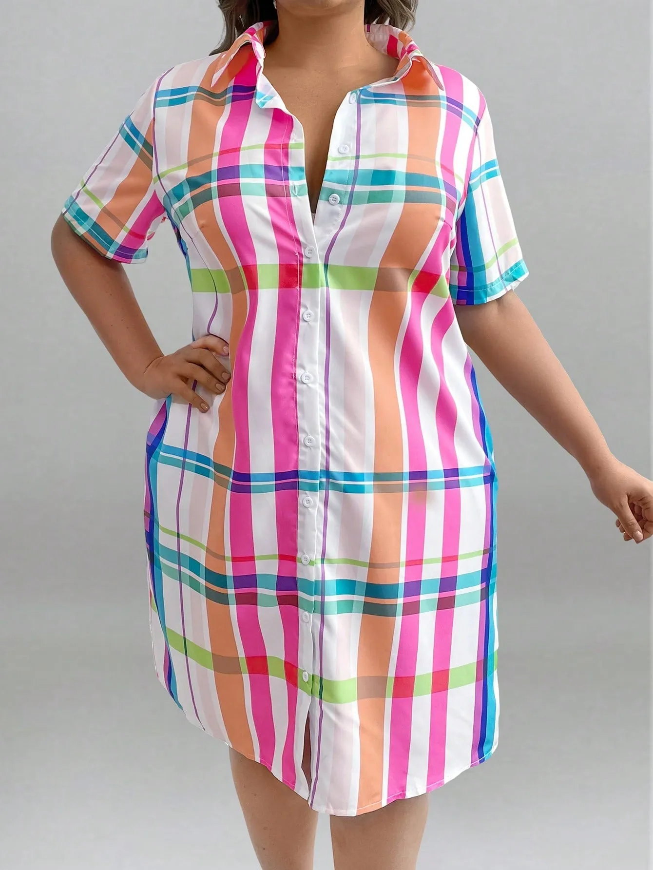 Women's Plus Size Short Sleeve Plaid Shirt Dress