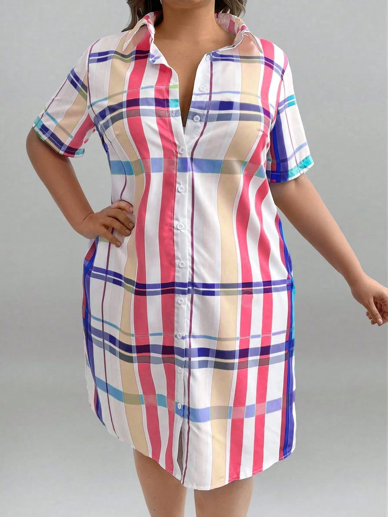 Women's Plus Size Short Sleeve Plaid Shirt Dress
