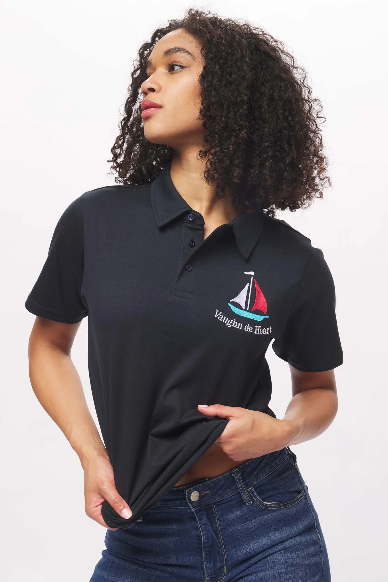 Women's - Voilier - Navy Blue Sailboat French 3 Button Polo