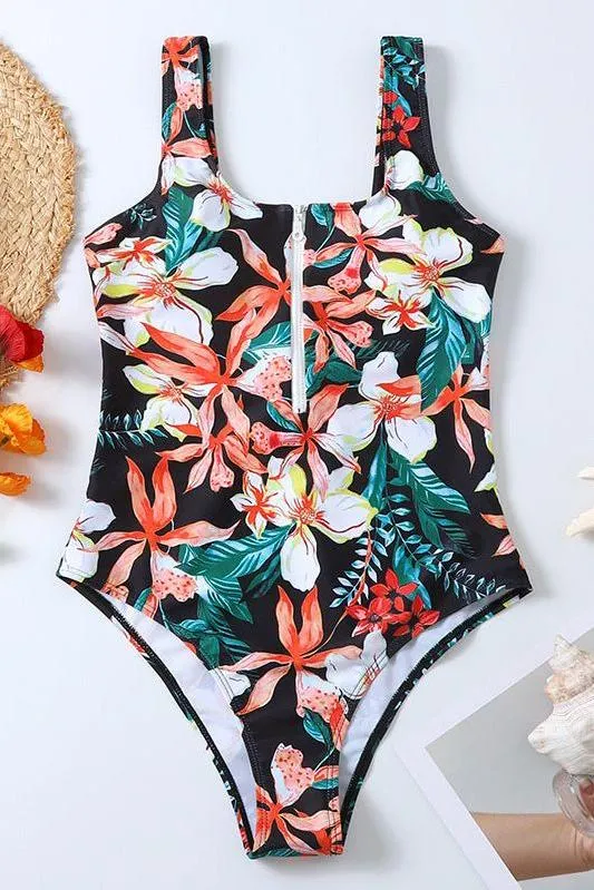 Zipper Striped One-Piece Swimsuit
