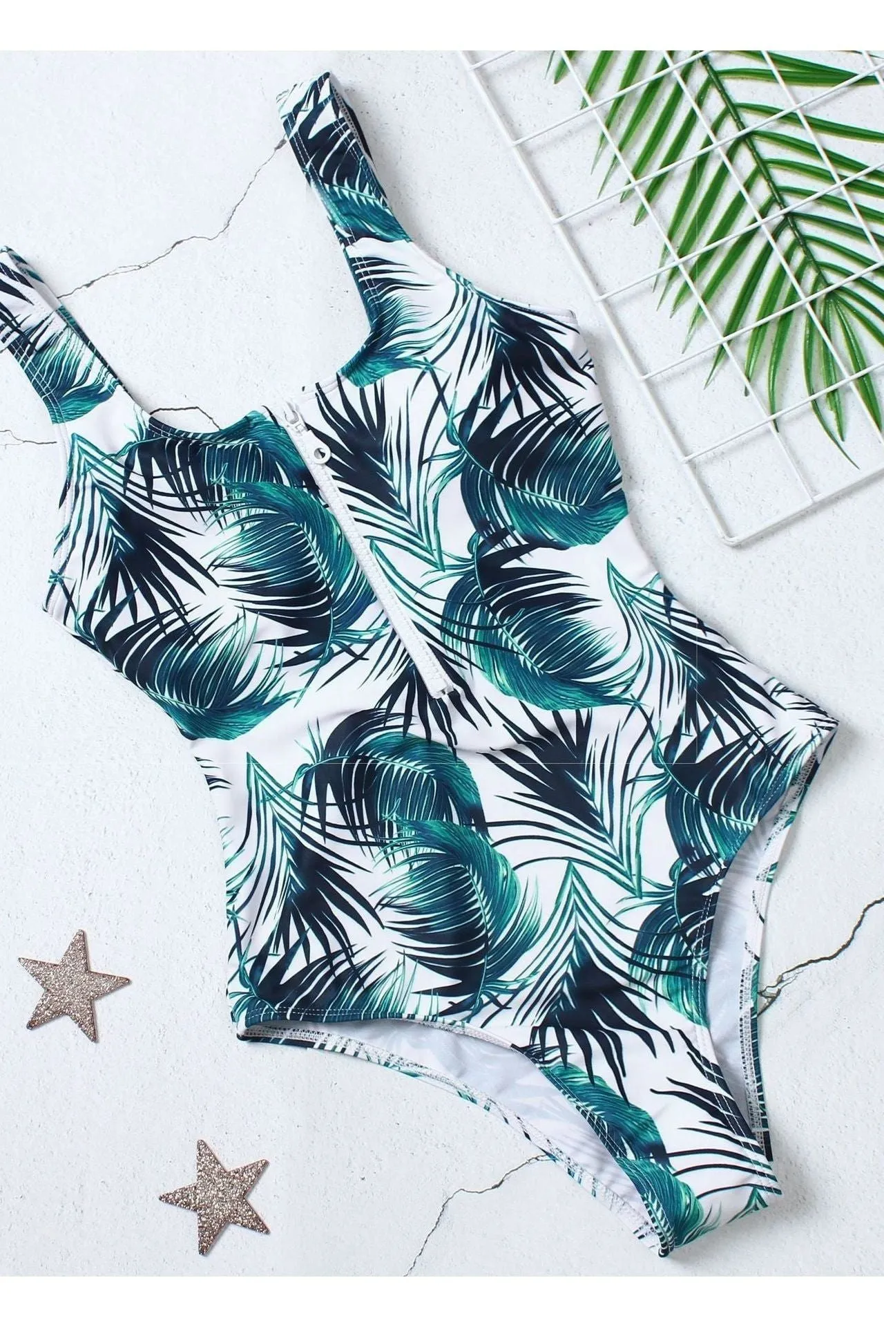 Zipper Striped One-Piece Swimsuit