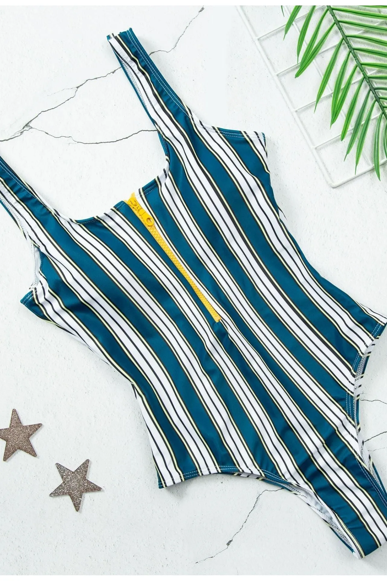 Zipper Striped One-Piece Swimsuit