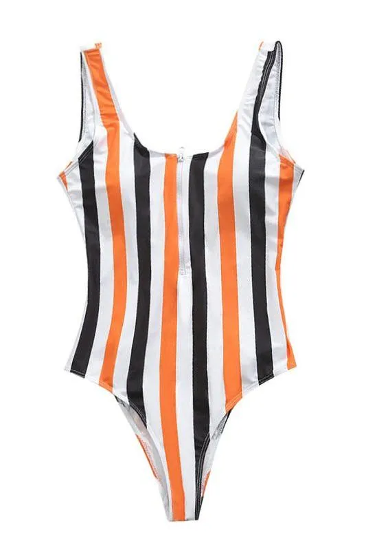 Zipper Striped One-Piece Swimsuit